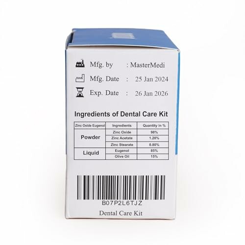 Box of dental care kit showing manufacturing and expiry dates, and ingredients list.