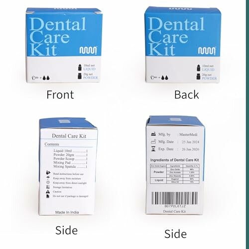 Dental care kit packaging showing front, back, and side views.