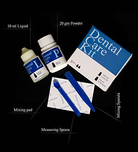 Dental care kit with liquid, powder, mixing pad, spoon, and spatula.