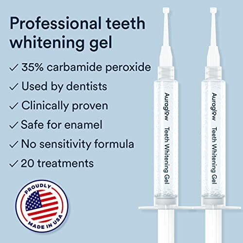 Teeth whitening gel with features listed and Made in USA badge.