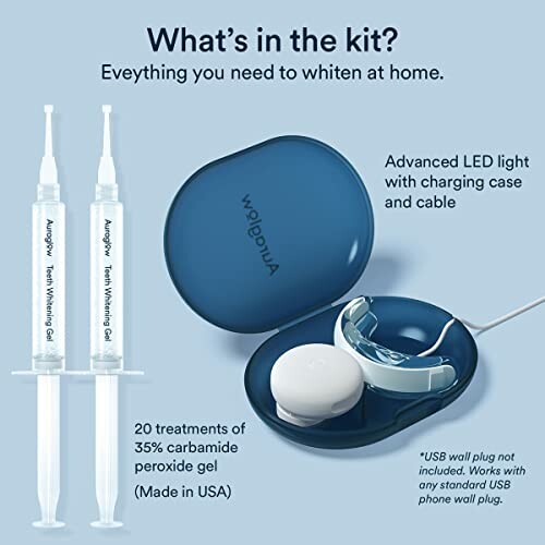 Teeth whitening kit with LED light, charging case, and gel syringes.