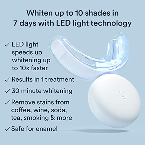 Teeth whitening LED kit with device and benefits listed.